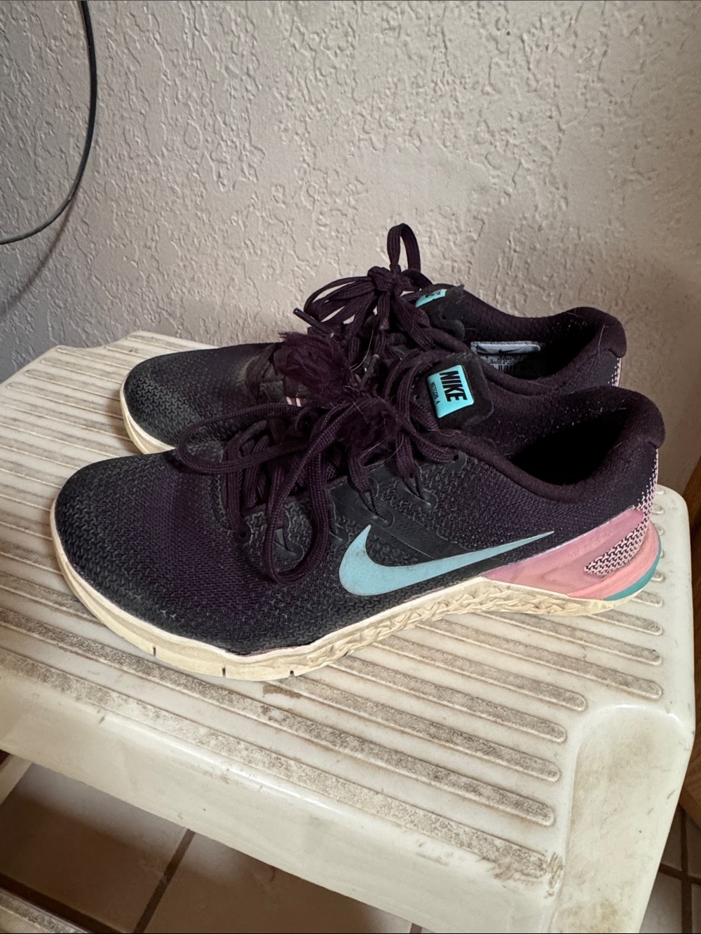 Nike Women's Black Running Sneakers with Aqua Swoosh and Pink Heel